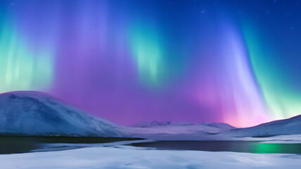Fototapeta premium Panorama of the northern lights over snowcapped mountains
