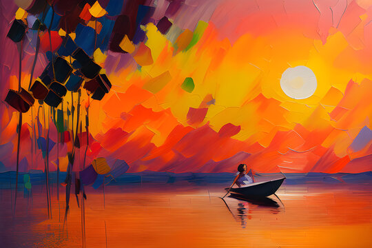 Oil painting a lonely man fishing in a boat in the sea. oil painting artwork	