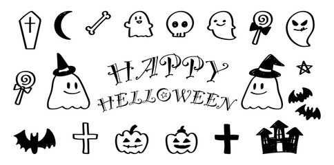 イラスト素材：手書きのシンプルなかわいいハロウィンのイラストセット	
