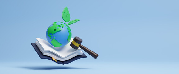 Green world and gavel with scales of justice and books, International law and environment law. Concept of Green business. Finance and sustainability investment. Carbon credit. 3d render illustration