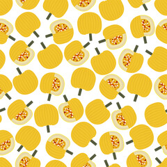 Seamless pattern with Mellow Yellow Pumpkin. Winter squash. Cucurbita pepo. Fruit and vegetables. Flat style. Isolated vector illustration.