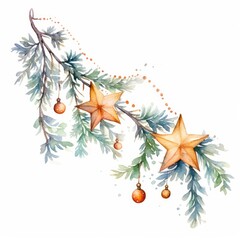 Watercolor Christmas tree branch with a garland of shimmering star ornaments. AI generated