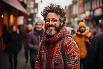 Obraz premium portrait of cheerful adult man in vibrant knitted sweater on the crowded urban street