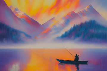 Oil painting a lonely man fishing in a boat in the sea. oil painting artwork	