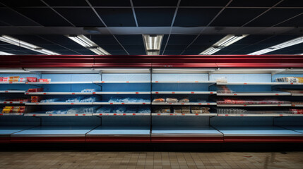 An empty grocery store shelf in a supermarket. The concept of sales, scarcity, supply chain issues, stock shortages, panic buying, or a need for restocking.