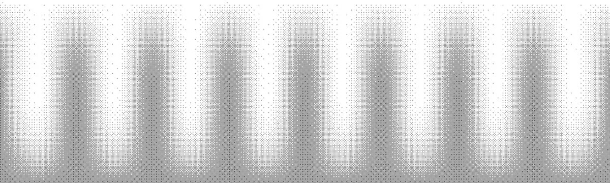 Halftone black waves on a white background with pixel texture and dithering. Monochrome vector background in the form of a sine wave with a pattern of squares.