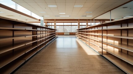An empty grocery store shelf in a supermarket. The concept of sales, scarcity, supply chain issues, stock shortages, panic buying, or a need for restocking. - obrazy, fototapety, plakaty