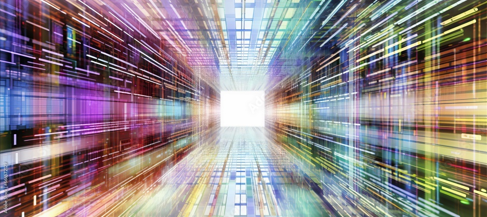 Poster colorful light virtual space technology background. generative ai technology.