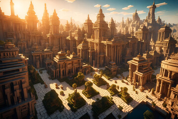 Witness the magical beauty of an AI-generated Minecraft metropolis in the soft morning light. 