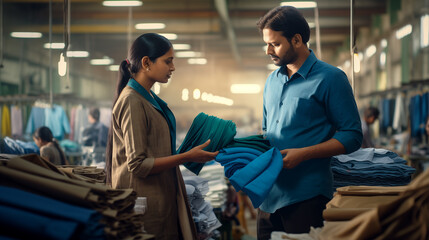 Obraz premium Indian Woman in Charge Inspecting Textile Factory