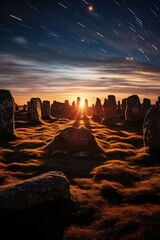 Mysterious stone circles glowing under an eerie star-filled sky at dusk 