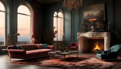 Fototapeta premium a living room filled with furniture and a fire place