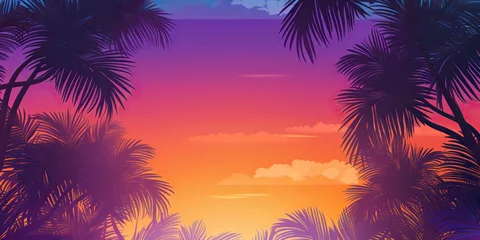Foto op Canvas AI Generated. AI Generative. Retro vintage california miami vibe inspired background with tripical palm tree leafes with sunset landscape. Graphic Art © AkimD