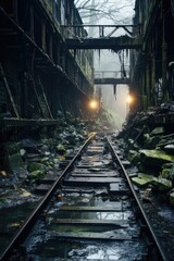 Fototapeta na wymiar Ghost train emerges from mist across a dilapidated spectral railway bridge 