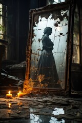 Fototapeta na wymiar Phantom silhouette mirrored in the reflection of an antique cracked mirror 