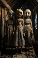 Naklejka premium Spooky antique dolls in a cobwebbed forgotten attic of an abandoned house 