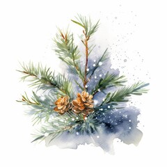 Watercolor of a Christmas tree branch with a garland of delicate icicles on white. AI generated