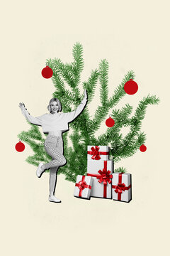 Vertical collage portrait of cheerful excited black white effect girl have fun dancing new year tree giftbox isolated on beige background