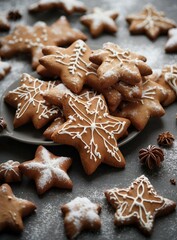 Weihnachtspl&auml;tzchen mit Lebkuchen im Advent im Winter beim Kekse / Weihnachtskeks Backen mit Puderzucker und Schokolade.