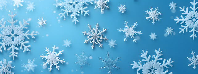 Cristal snowflakes on snow - Christmas and Winter background - Natural snowdrift close up with abstract blue lighting blurred background