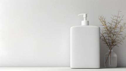 White empty cosmetic liquid dispenser bottle of soap, lotion, shampoo or shower gel mock up isolated in modern bathroom interior - obrazy, fototapety, plakaty