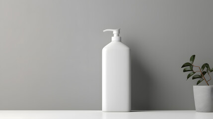White empty cosmetic liquid dispenser bottle of soap, lotion, shampoo or shower gel mock up isolated in modern bathroom interior