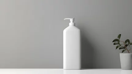 Fotobehang White empty cosmetic liquid dispenser bottle of soap, lotion, shampoo or shower gel mock up isolated in modern bathroom interior © Oksana