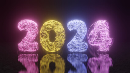 3d rendering of the date of the new year 2024 from a variety of shining threads of lines. The date of the new year in the dark above the reflective surface.