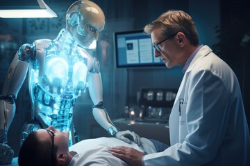 doctor working in futuristic hospital with medical high tech healthcare, surgeon team operation on heart disease and illness on monitor. Robotic and medicine concept. - obrazy, fototapety, plakaty
