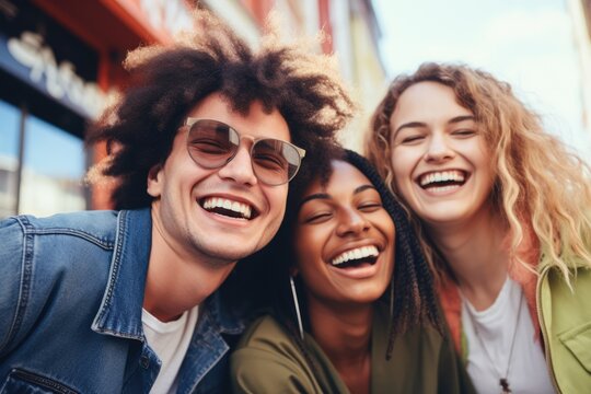 Selfie of a multiracial group of cheerful young friends have fun travel together. Visit Europe, tourism, hostel and cheap flights concept.