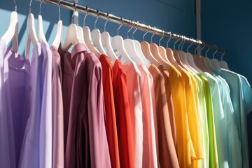 Colorful and vibrant clothes hanging in a small business shop retail. Reduce Reuse Recycle concept. Good quality products