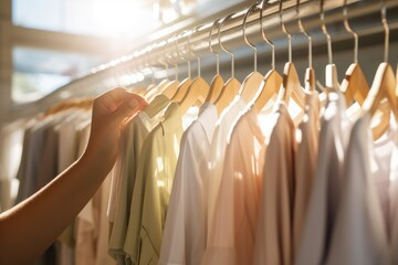 Close up of a customer hand choosing clothes at small business fashion store, modern showroom, retail shop, apparel sale, making decision to buy.  - obrazy, fototapety, plakaty