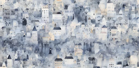 Tuinposter Donkergrijs Watercolor city seamless hand drawn pattern