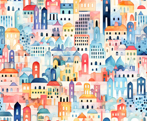 Watercolor city seamless hand drawn pattern