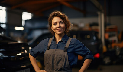 Portrait of proud car mechanic woman smiling and looking at camera. Car repair and maintenance service - obrazy, fototapety, plakaty