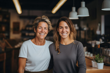 Two smiling business owners working in a modern coffee shop. Entrepreneurial businesswomen. Small business couple.