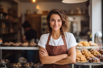 Happy small bakery owner smiling proudly at her confectionery store. Cheerful female baker working at her shop