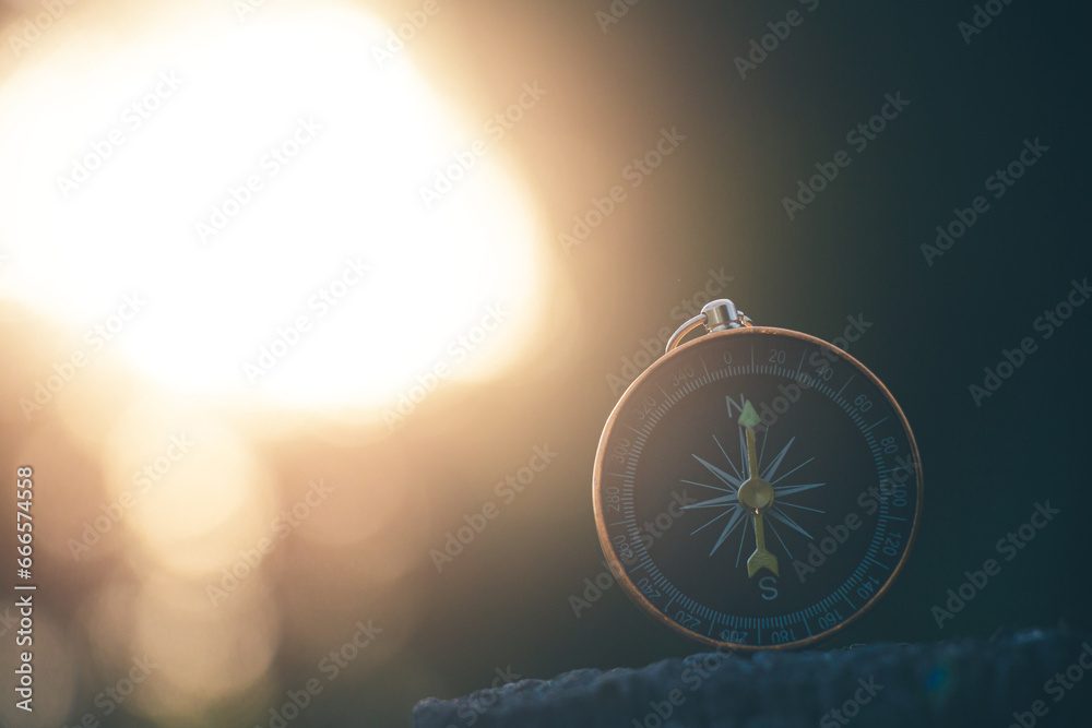 Wall mural travel of tourists with compass. compass of tourists on mountain.