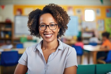 Portrait, teacher and black woman with students learning in classroom. Education, scholarship and happy, proud and young female educator with children ready for studying or knowledge in middle school - Powered by Adobe