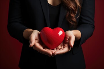 Close up of red glossy heart in female hands