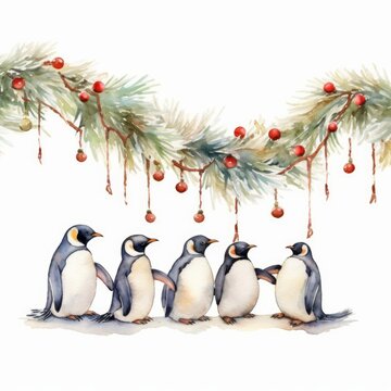 Whimsical watercolor Christmas tree branch with a garland of playful penguins on white. AI generated