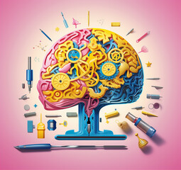 idea of mind cartoon with a brain bulb encircled - obrazy, fototapety, plakaty