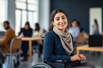 Female student with disability in a wheelchair at college library, inclusive education concept - obrazy, fototapety, plakaty