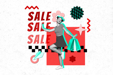Collage poster sketch of cheerful happy girl walking store trendy clothes special total sale isolated on drawing background