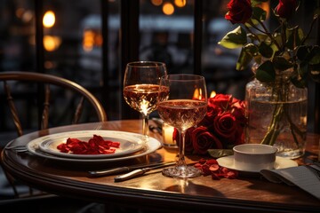 Romantic Valentine's Day table setting with red roses and glasses of wine
