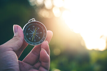 Travel of tourists with compass. compass of tourists on mountain.