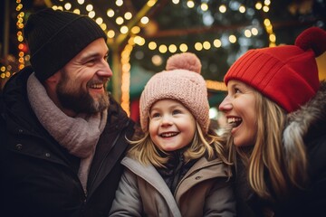 Family, winter holidays and celebration concept - happy mother, father and little daughter at christmas market on town - obrazy, fototapety, plakaty