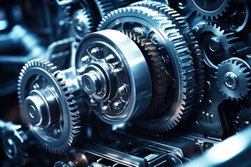 Engine with cogwheels and gears working. Industrial close-up - obrazy, fototapety, plakaty