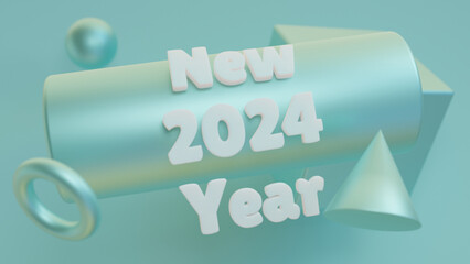 3d rendering of a set of shapes. A text with the date of the new year 2024 and a wish for a happy new year on an abstract blue background. 3d illustration for Christmas pictures and screensavers.