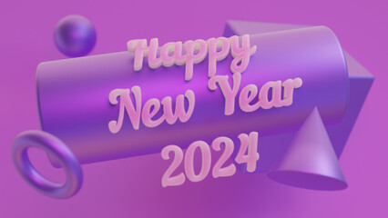 3d rendering of a set of shapes. A text with the date of the new year 2024 and a wish for a happy new year on an abstract purple background. 3d illustration for Christmas pictures and screensavers.
